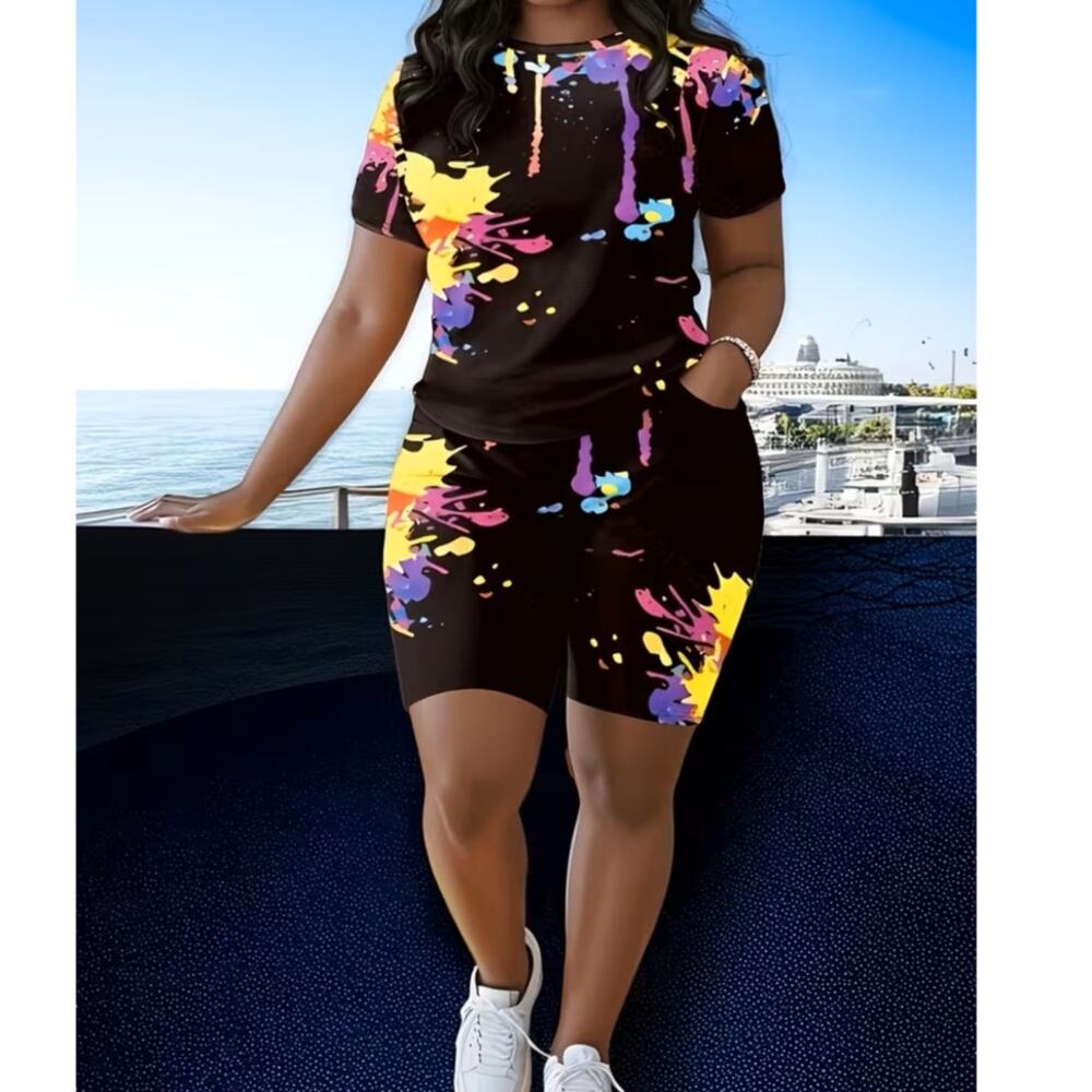 BRAND NEW ~ Women's 2pc Paint Splotch Black Top & Matching Pockets Shorts ~LARGE